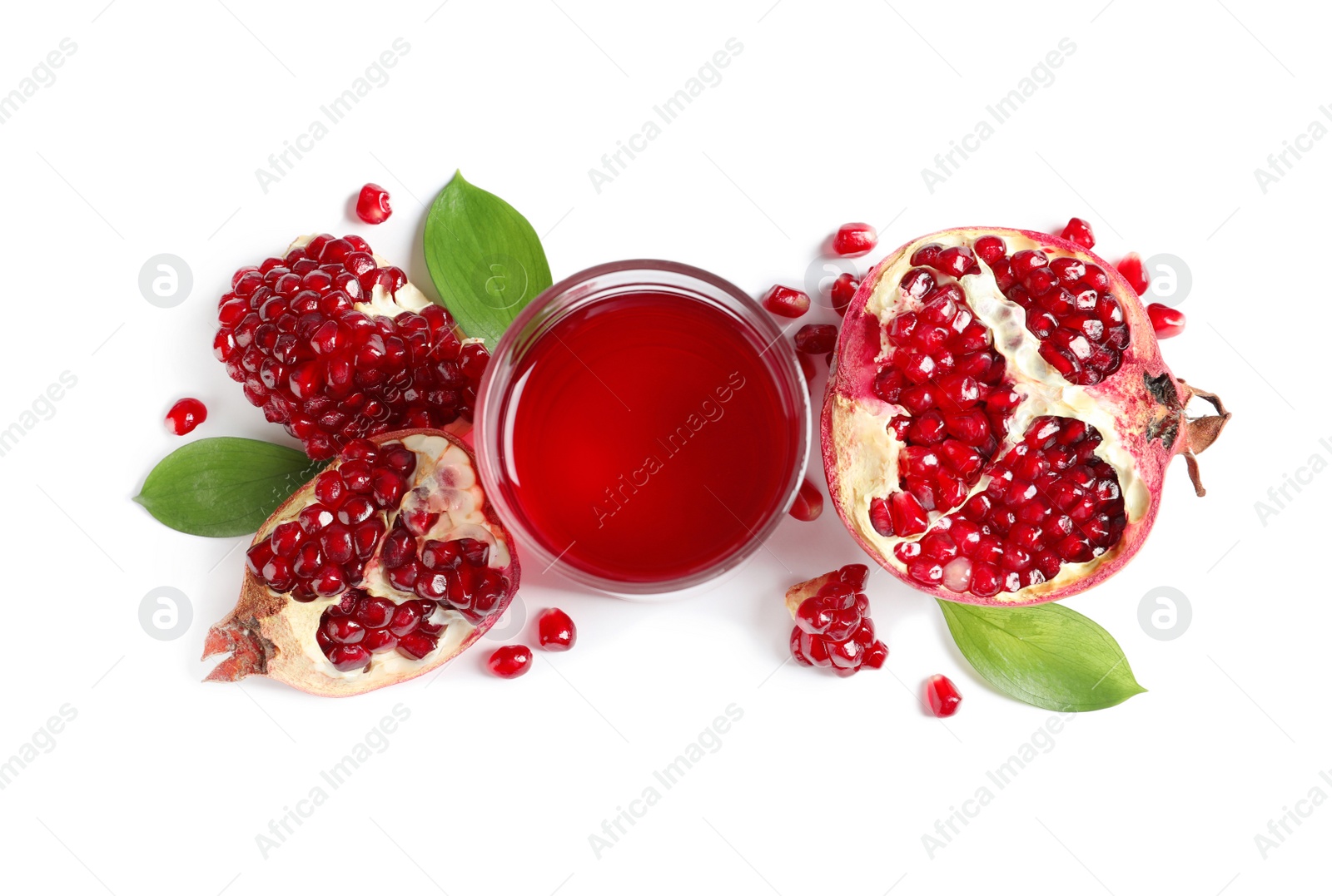 Photo of Composition with glass of pomegranate juice and fresh fruits on white background, top view