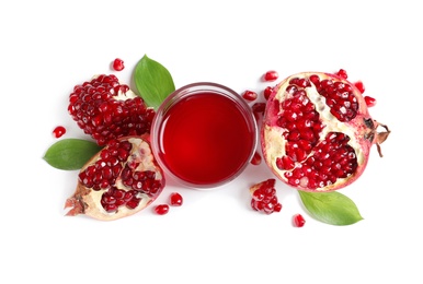 Photo of Composition with glass of pomegranate juice and fresh fruits on white background, top view