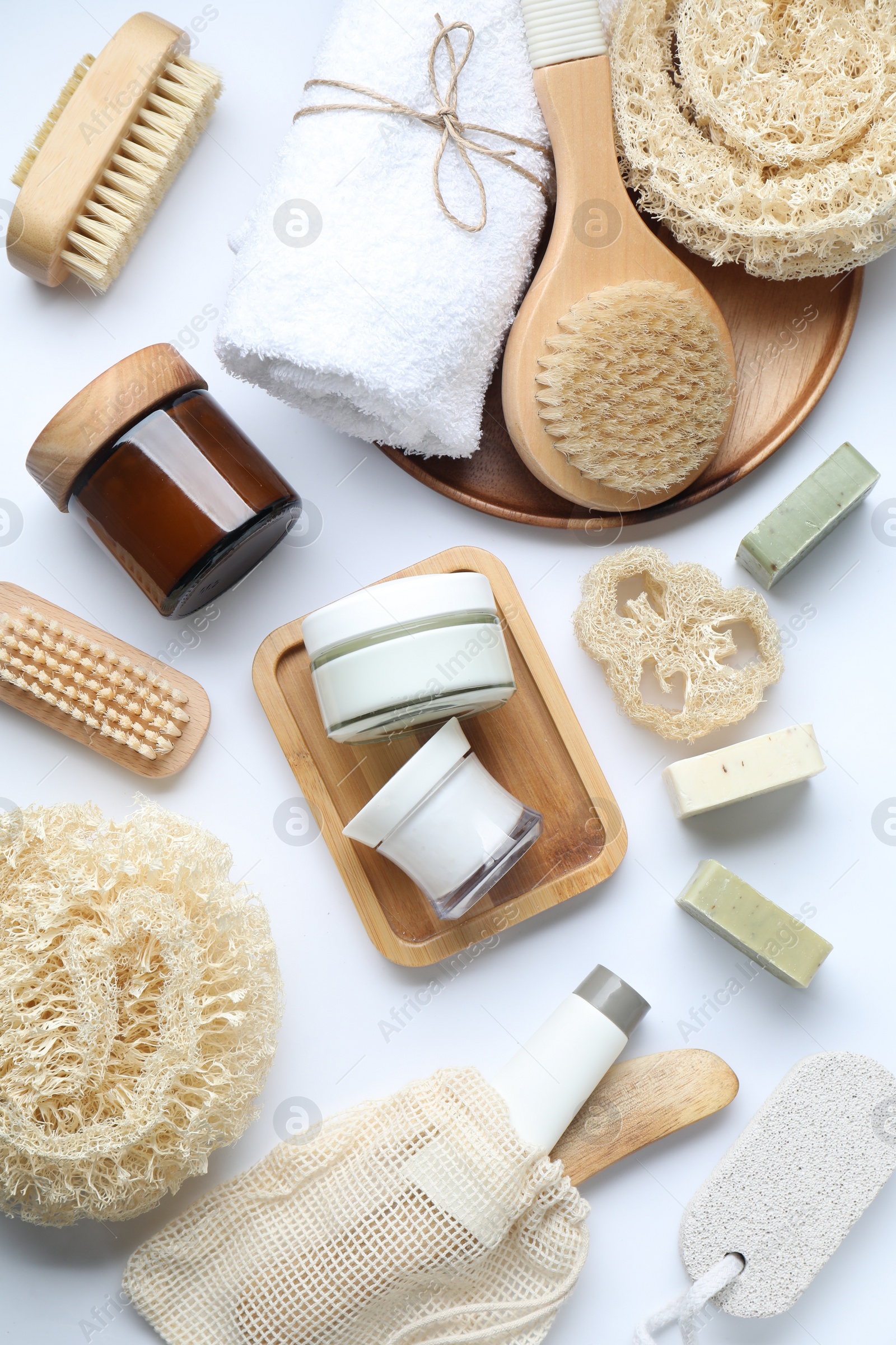 Photo of Bath accessories. Flat lay composition with personal care products on white background