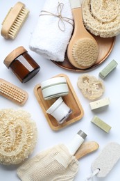 Bath accessories. Flat lay composition with personal care products on white background