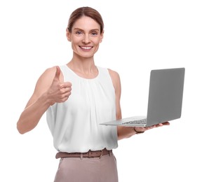 Photo of Beautiful happy businesswoman with laptop showing thumb up on white background