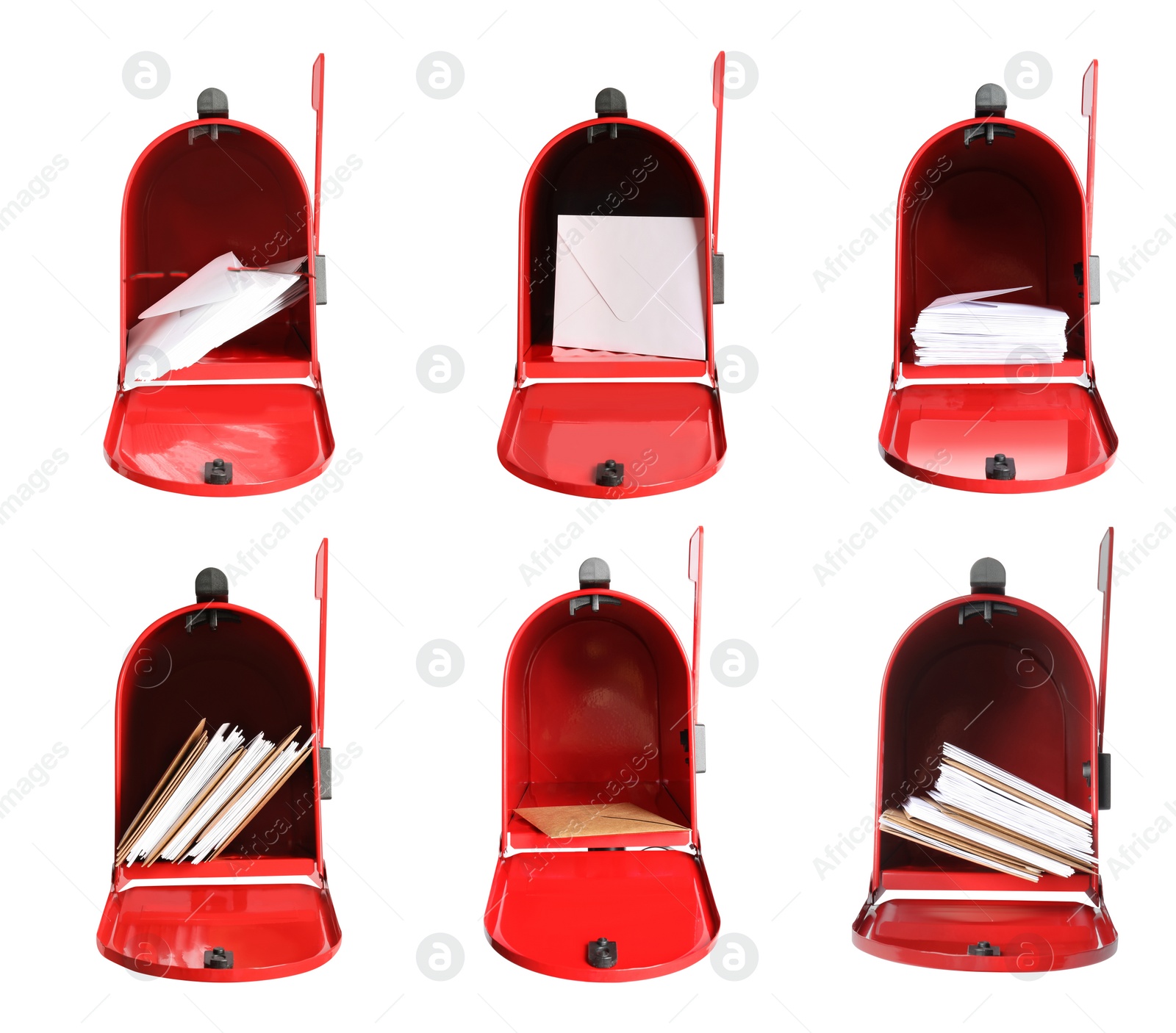Image of Set of open red letter boxes with correspondence on white background