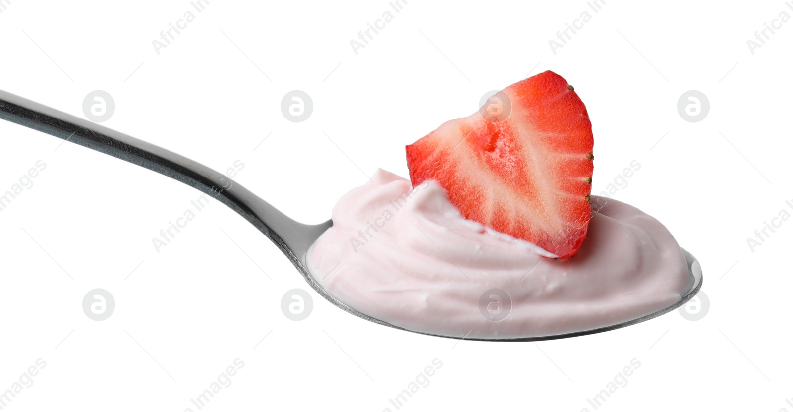 Photo of Delicious natural yogurt with fresh strawberry in spoon isolated on white