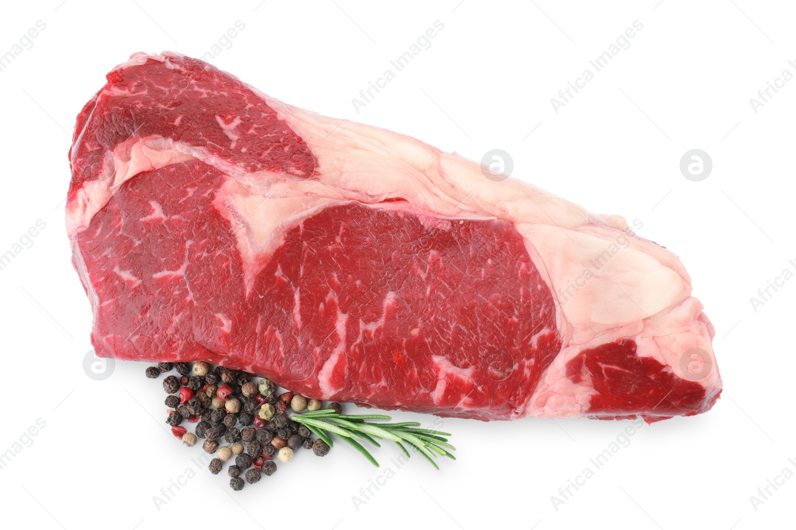 Photo of Piece of raw beef meat, rosemary and spices isolated on white, top view