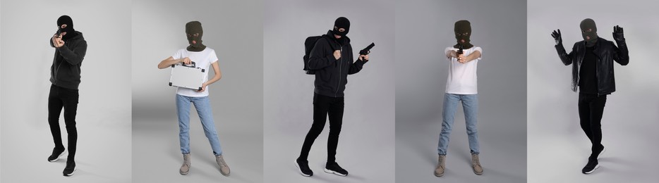Collage with photos of people in balaclavas on grey background