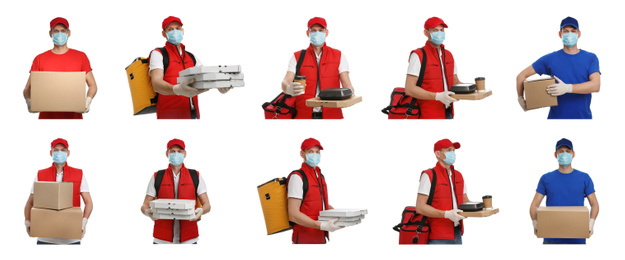 Image of Collage with photos of courier in protective mask holding orders and boxes on white background, banner design. Delivery service during coronavirus quarantine