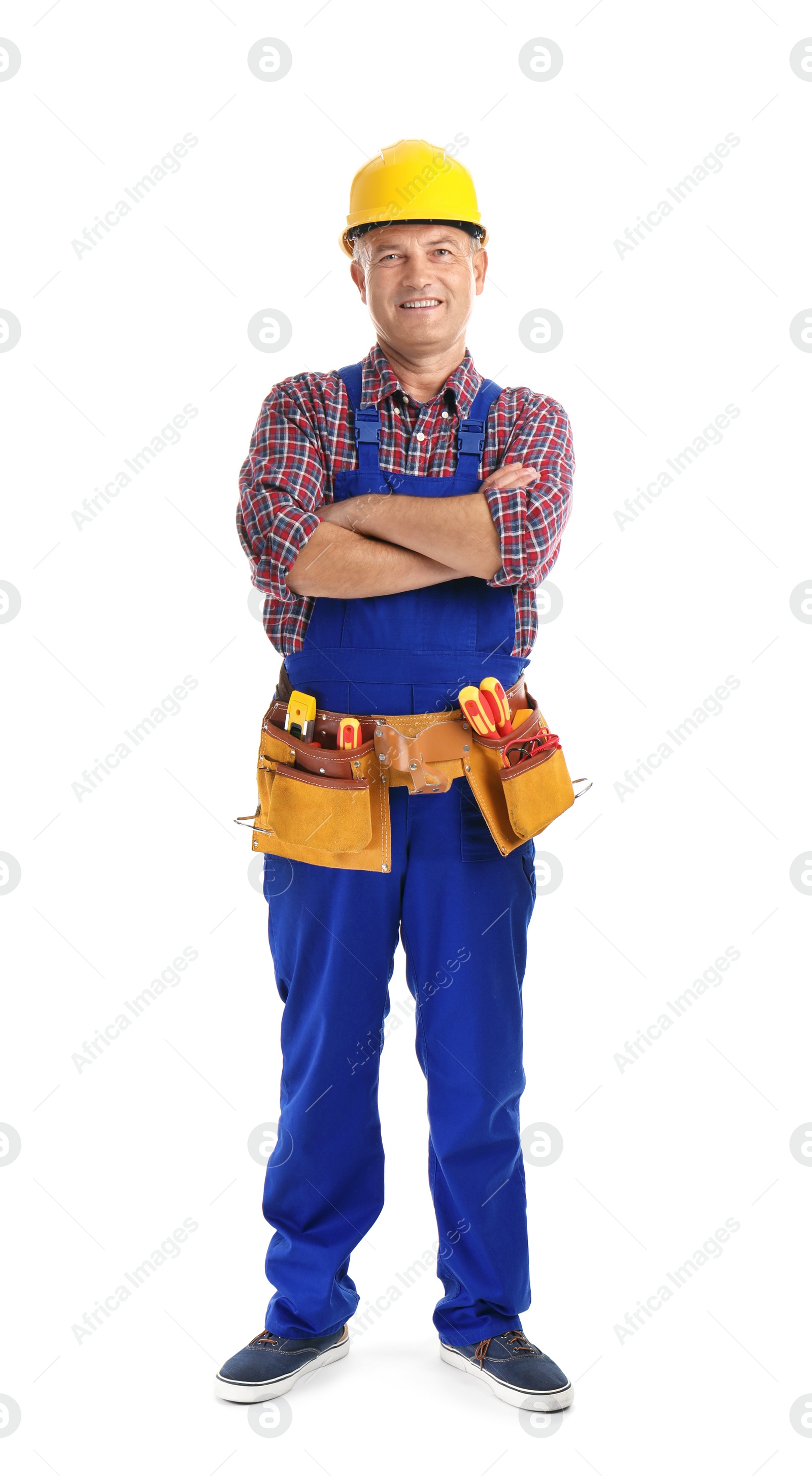 Photo of Electrician with tools wearing uniform on white background