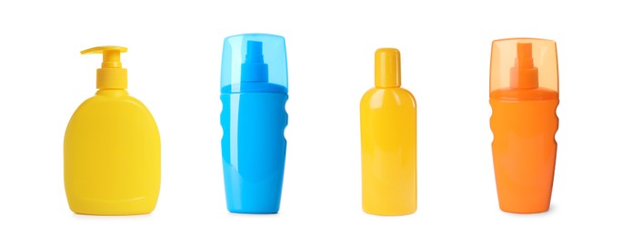 Image of Set with different containers of sunscreen cream on white background