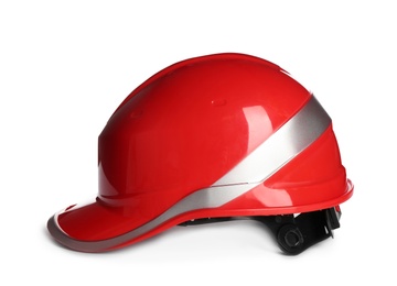 Protective hard hat on white background. Safety equipment