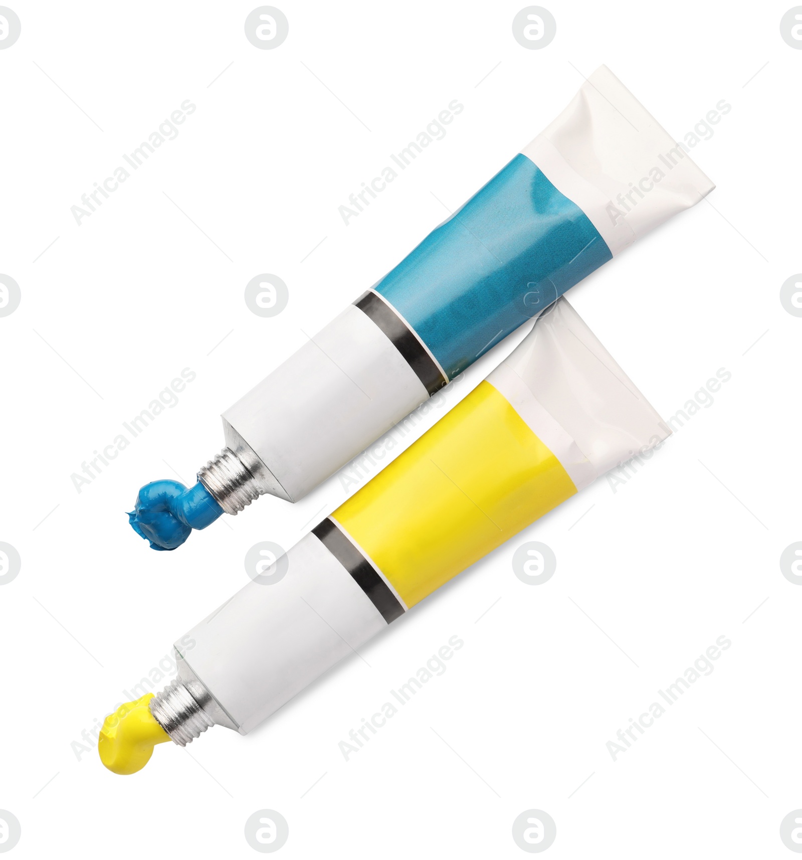 Photo of Tubes with oil paints on white background, top view