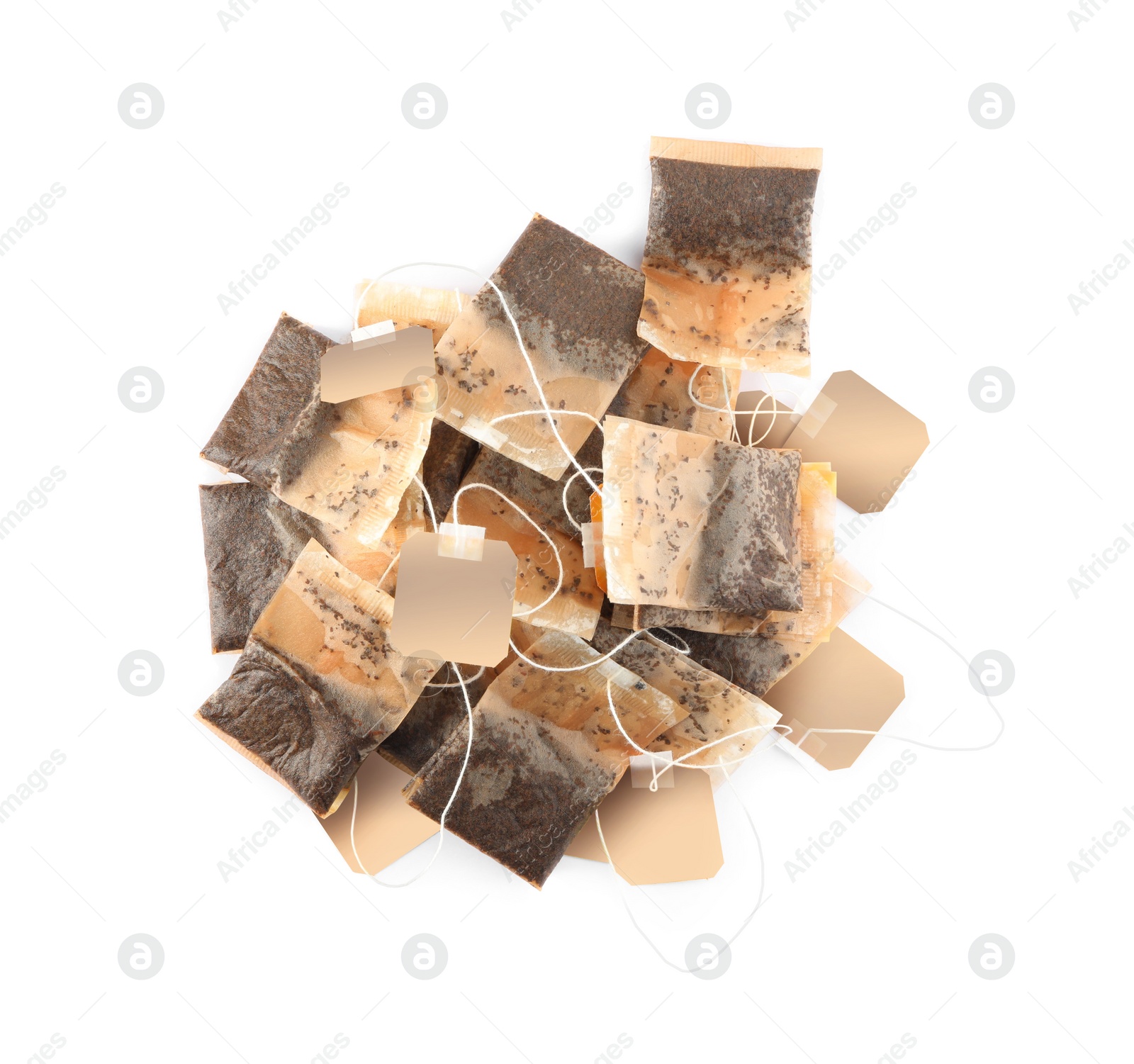 Photo of Used tea bags on white background, top view