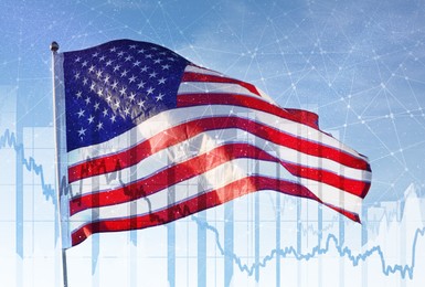 Image of Multiple exposure of American flag, charts and connection lines. US economy