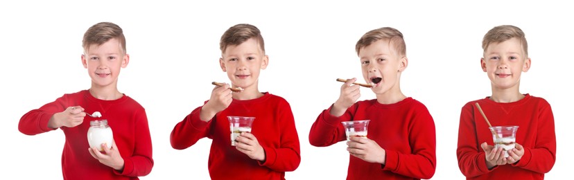 Collage with photos of cute little boy with tasty yogurt on white background. Banner design
