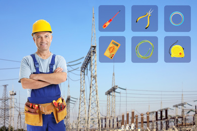 Image of Mature electrician and set of tools against modern substation