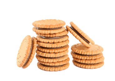 Photo of Tasty sandwich cookies with chocolate cream on white background