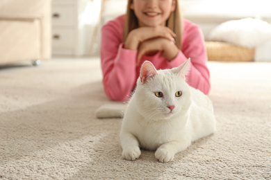 Photo of Young woman with her beautiful white cat at home. Fluffy pet