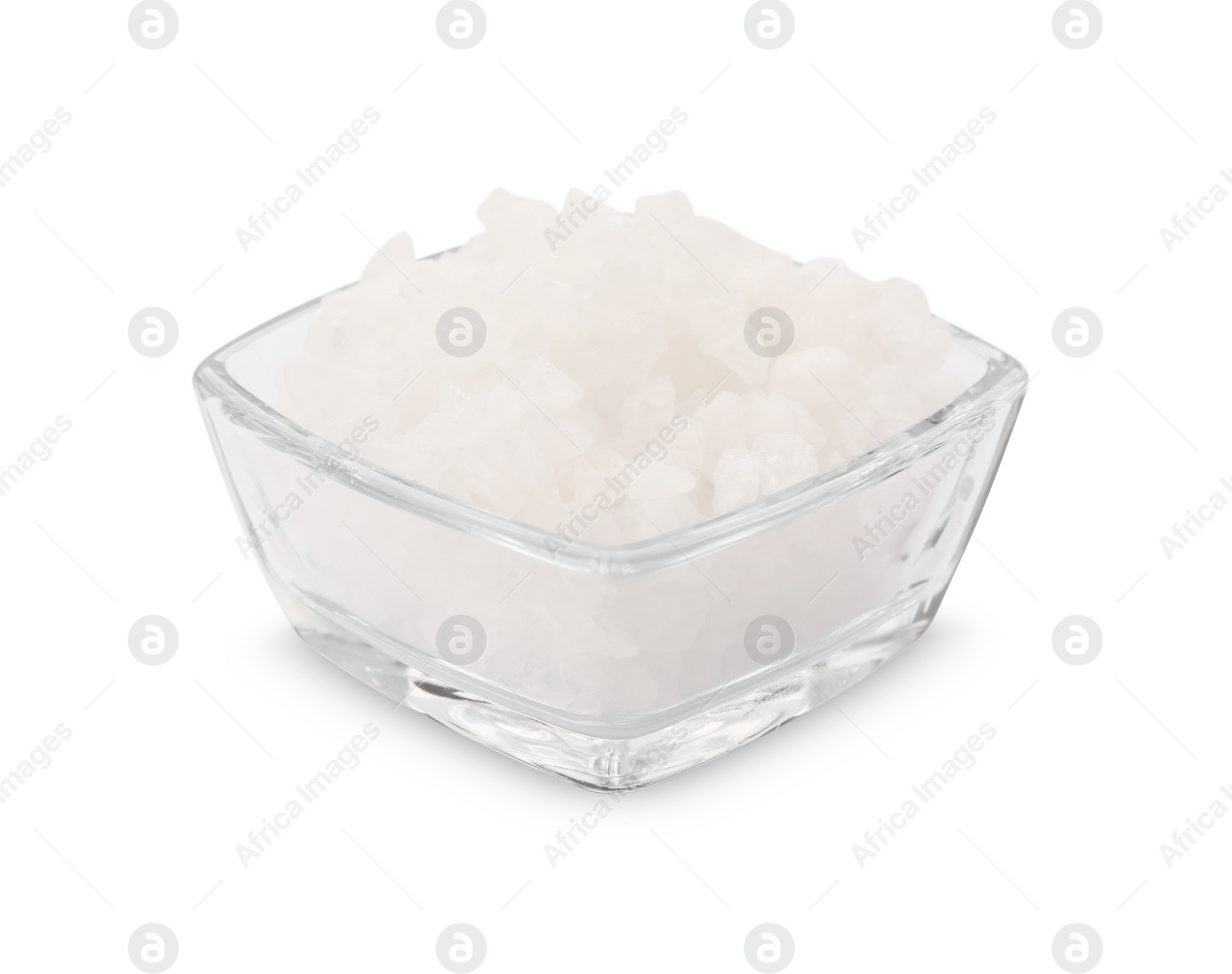 Photo of Bowl of sea salt isolated on white