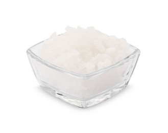 Photo of Bowl of sea salt isolated on white