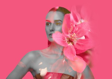 Double exposure of beautiful woman and blooming flowers on pink background