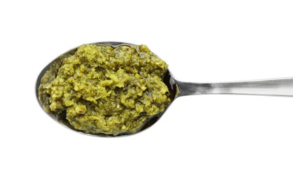 Photo of Spoon with tasty pesto sauce isolated on white, top view