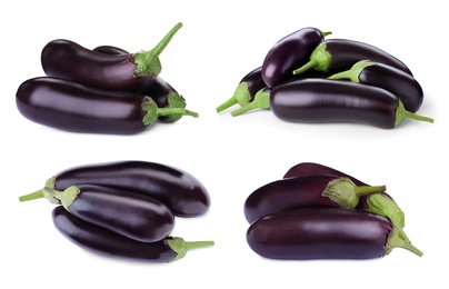 Image of Set of fresh eggplants on white background