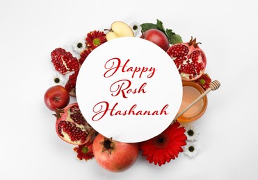 Image of Flat lay composition with Rosh Hashanah holiday attributes and card on white background 