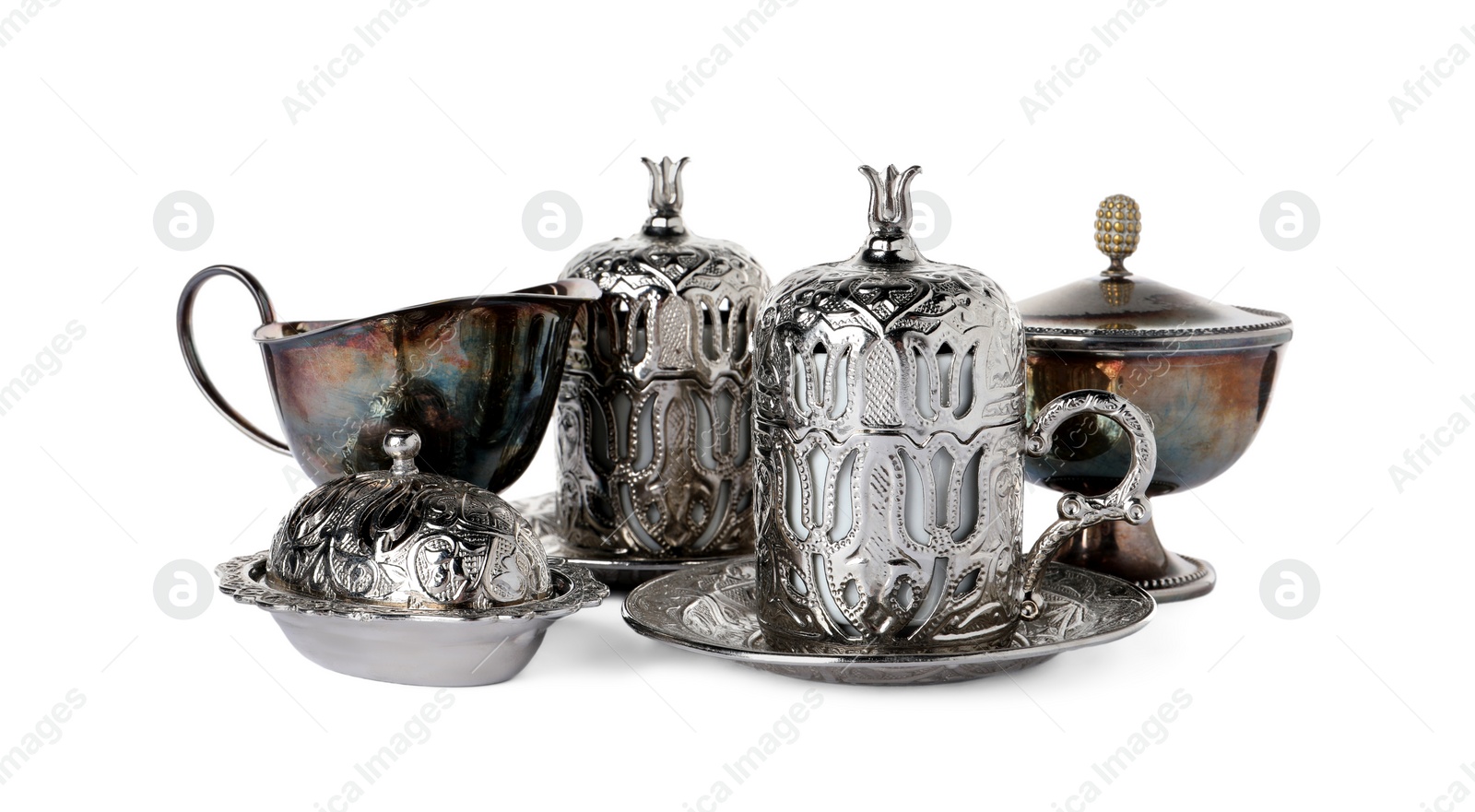 Photo of Beautiful vintage tea set on white background