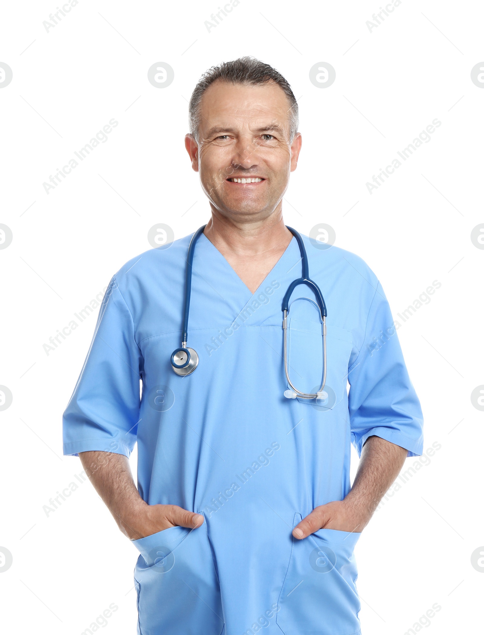 Photo of Portrait of experienced doctor in uniform on white background. Medical service