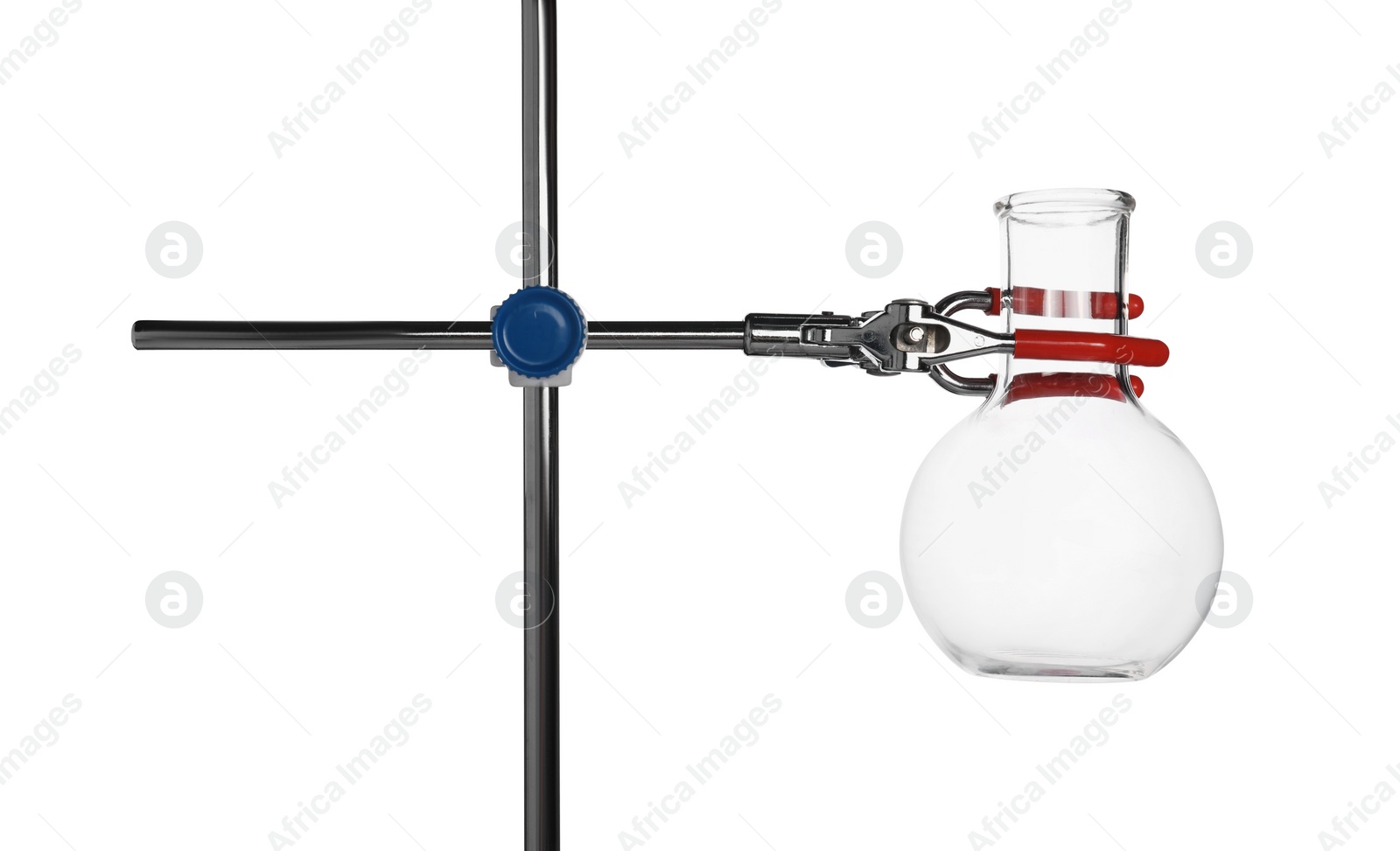 Photo of Retort stand with empty flask isolated on white