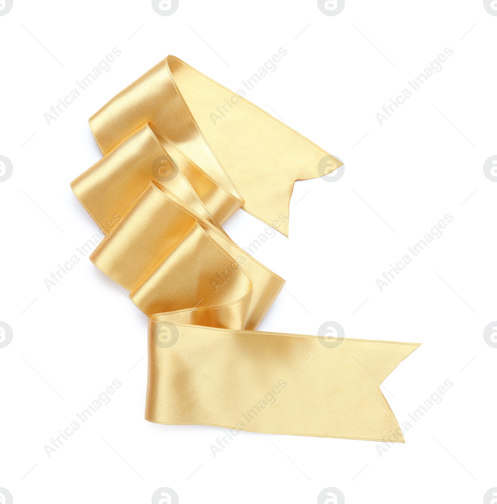 Photo of Beautiful golden ribbon isolated on white, top view