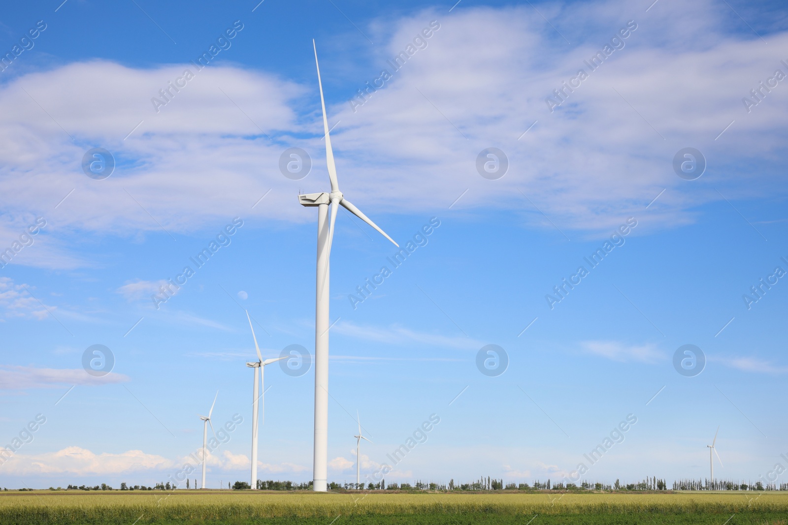 Photo of Beautiful view of field with wind turbines. Alternative energy source