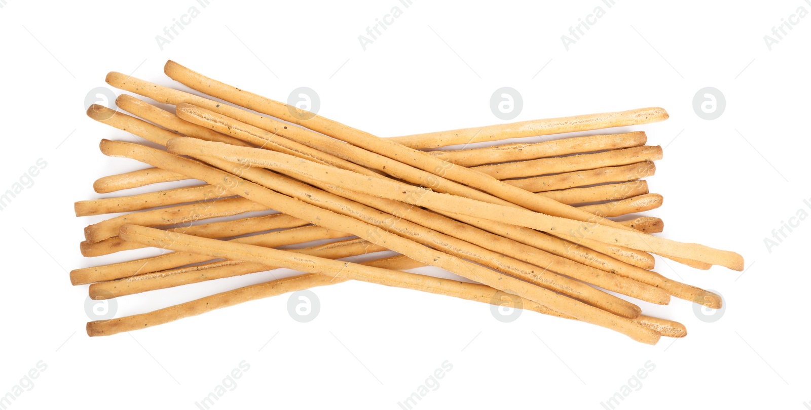 Photo of Delicious grissini sticks on white background, top view