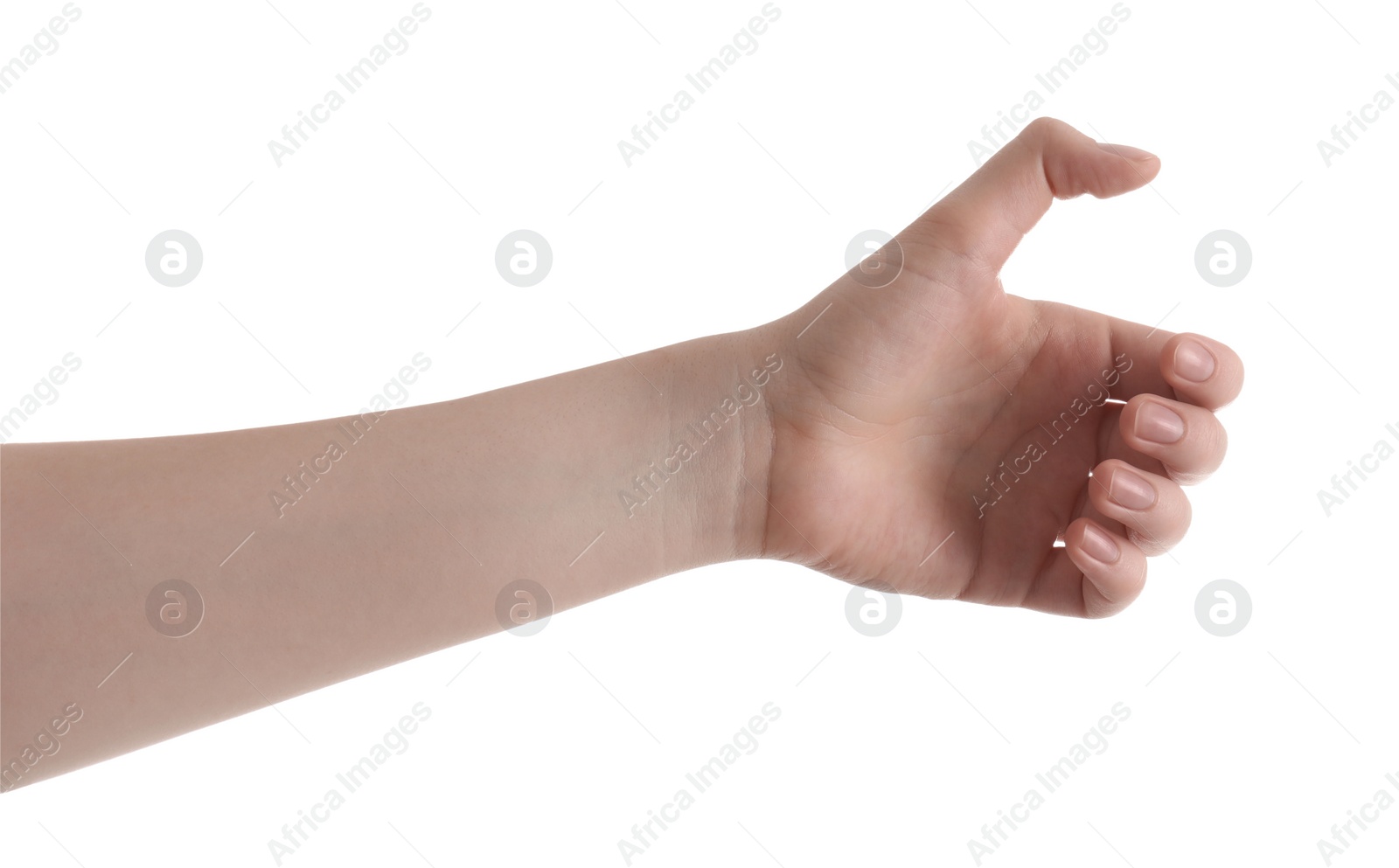 Photo of Woman against white background, closeup of hand