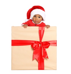 Photo of Festively dressed African-American baby in Christmas gift box on white background