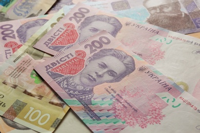 Different banknotes of Ukrainian money, closeup. National currency