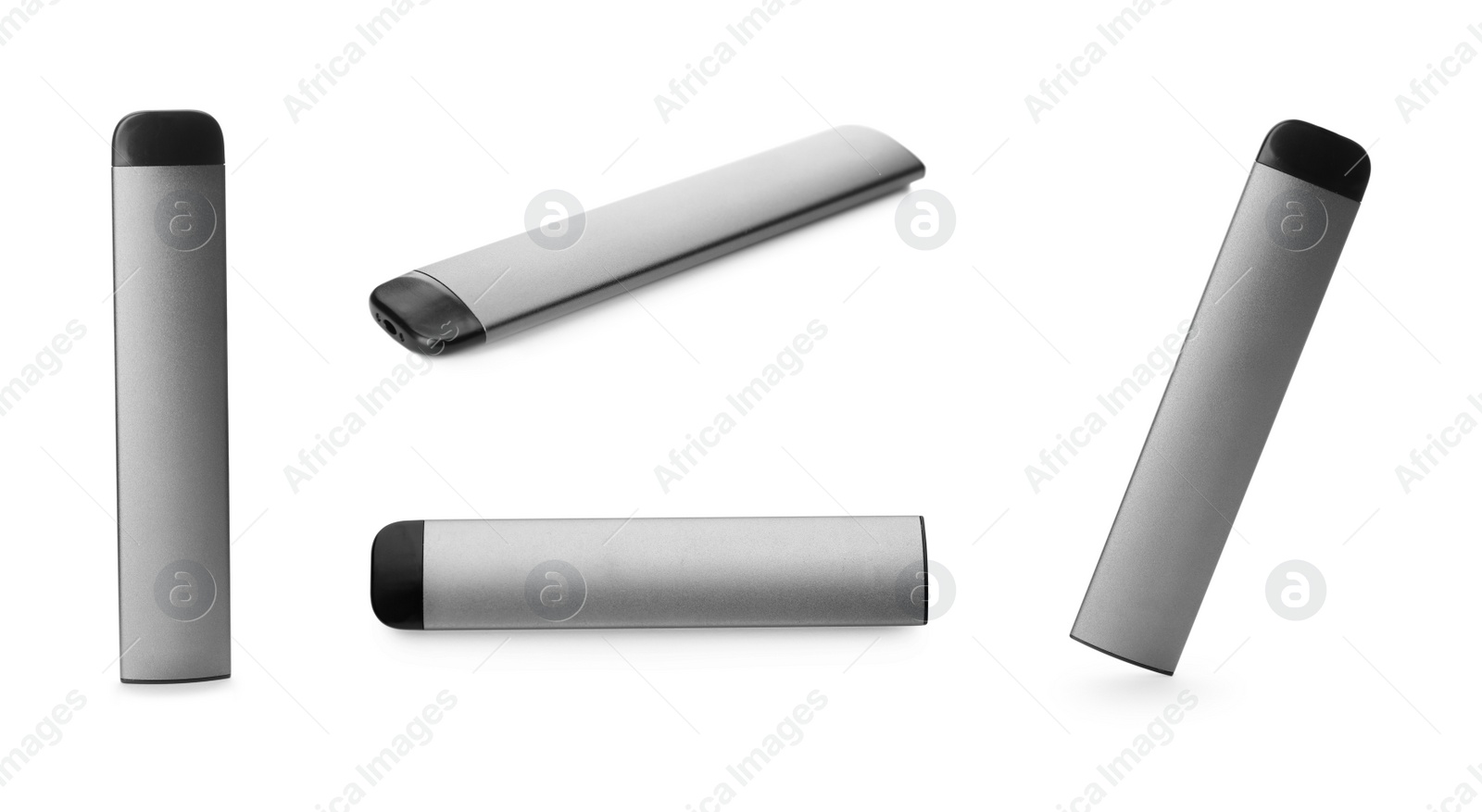 Image of Set with electronic smoking devices on white background