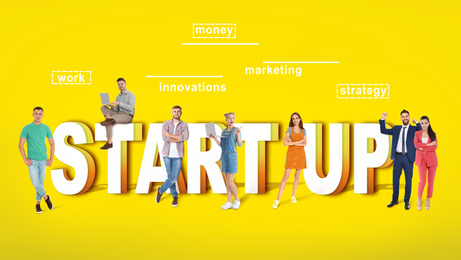 Group of young people and phrase START UP on yellow background 
