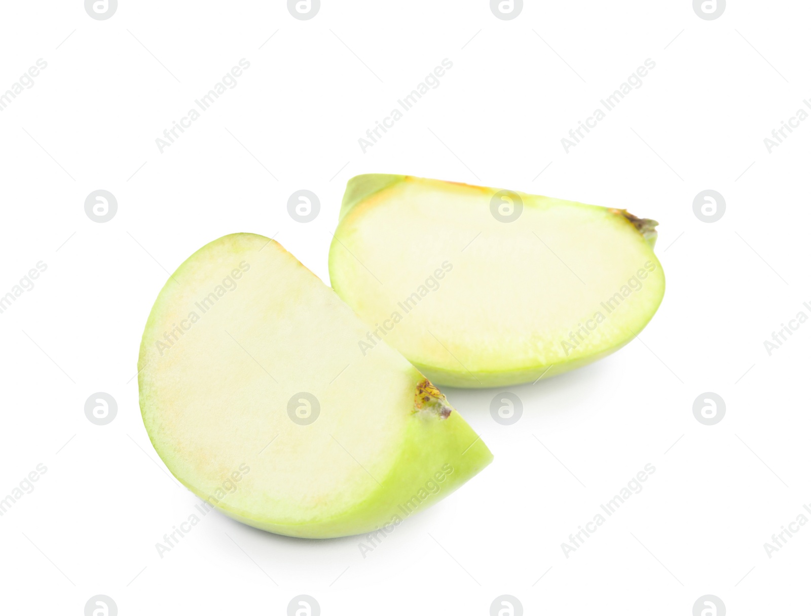 Photo of Pieces of fresh green apple on white background