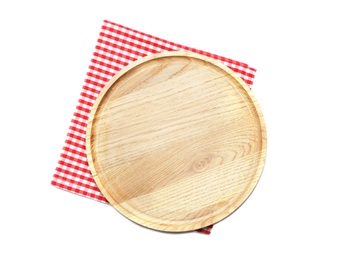 Photo of Empty wooden board and checkered napkin isolated on white, top view