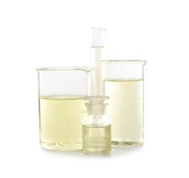 Laboratory glassware with liquid on white background. Chemical analysis