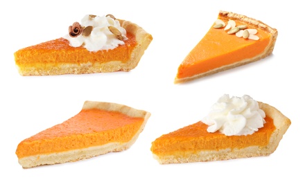 Image of Set of tasty pumpkin pie slices on white background 