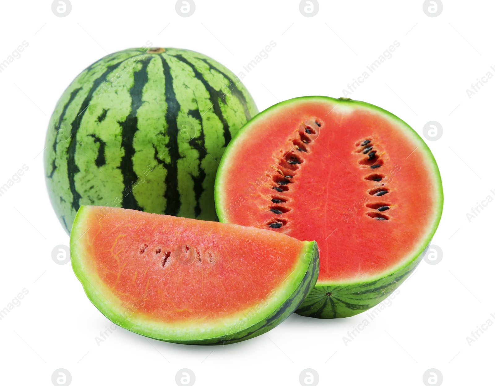 Photo of Delicious cut and whole ripe watermelons isolated on white