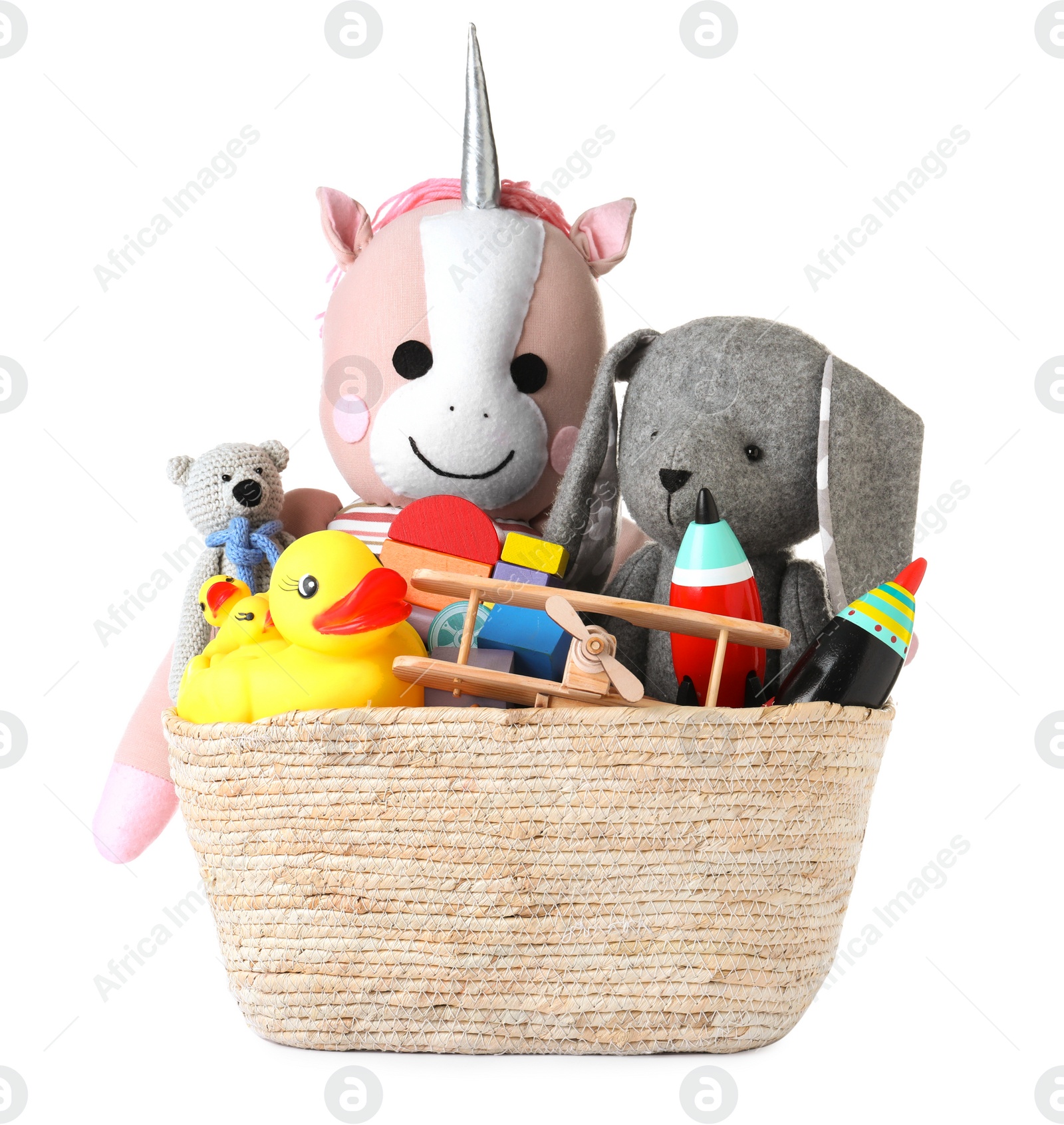 Photo of Basket with different toys isolated on white