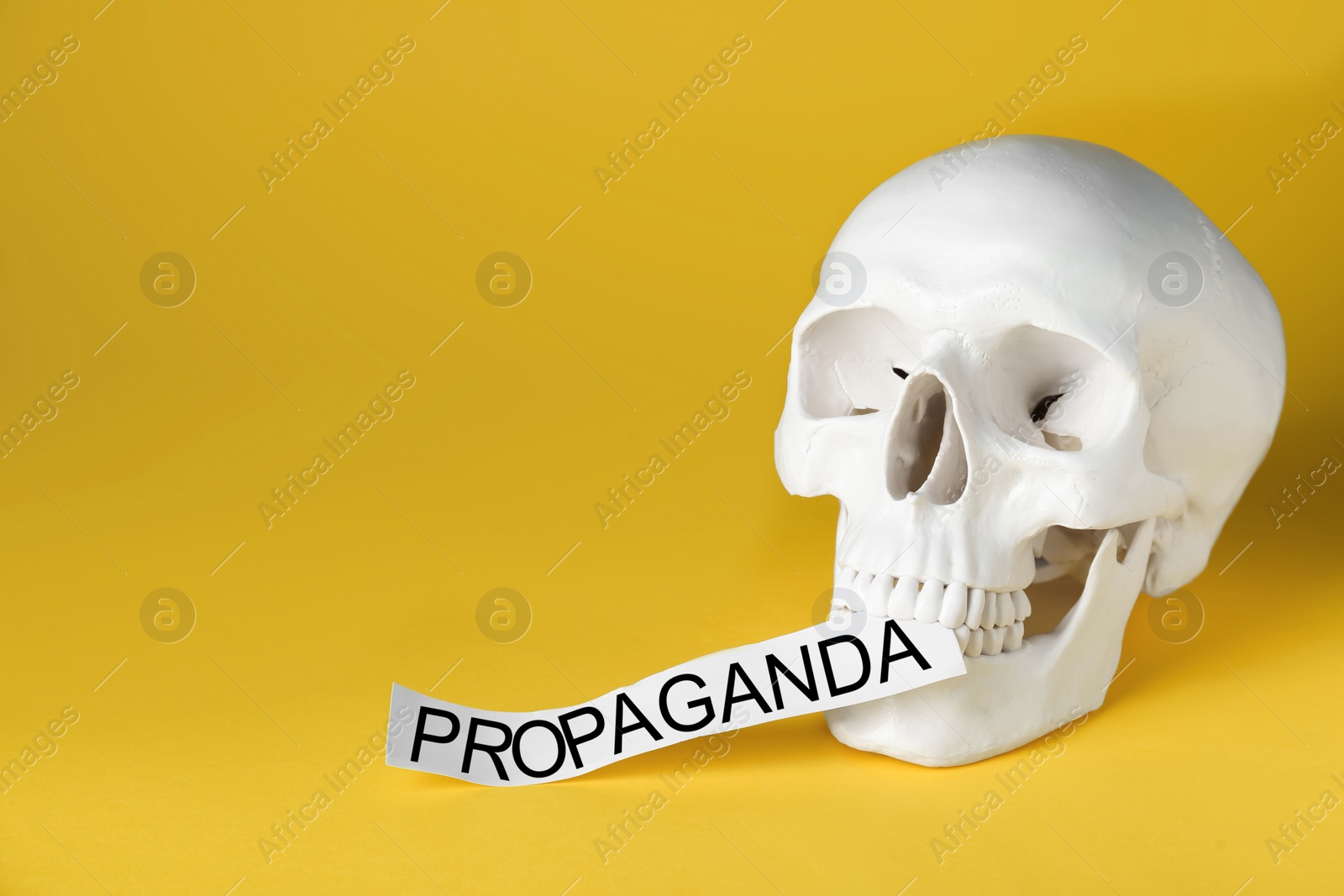 Photo of Information warfare concept. Human skull and paper card with word Propaganda on yellow background, space for text