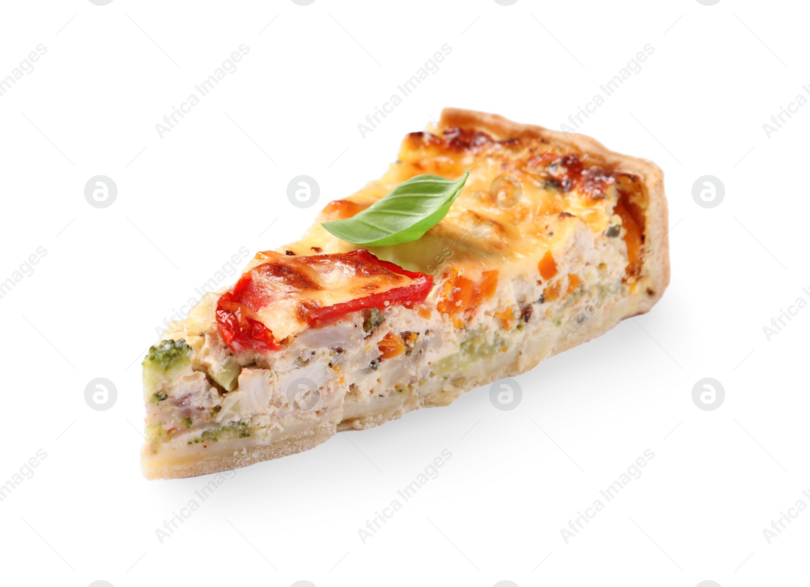 Photo of Tasty quiche with chicken, cheese, basil and vegetables isolated on white