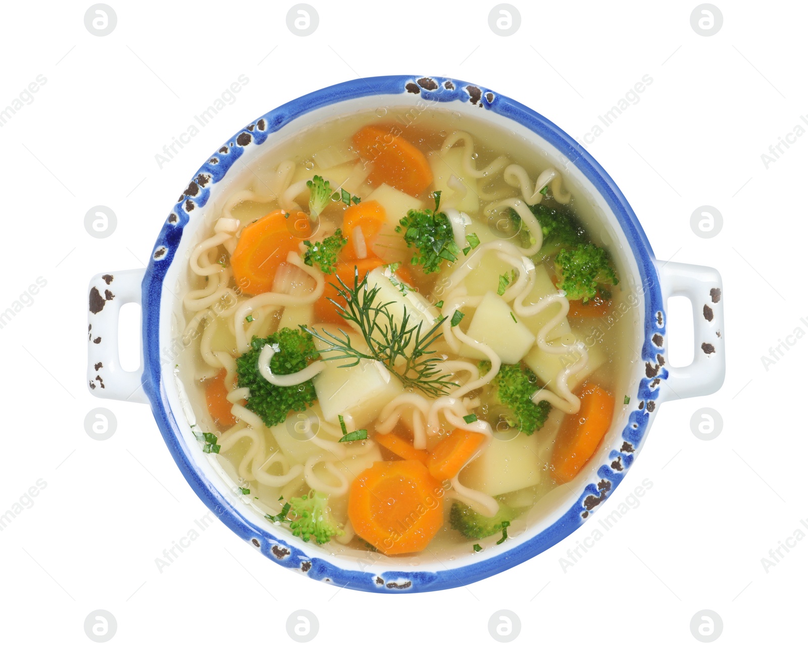 Photo of Dish of fresh homemade vegetable soup on white background, top view