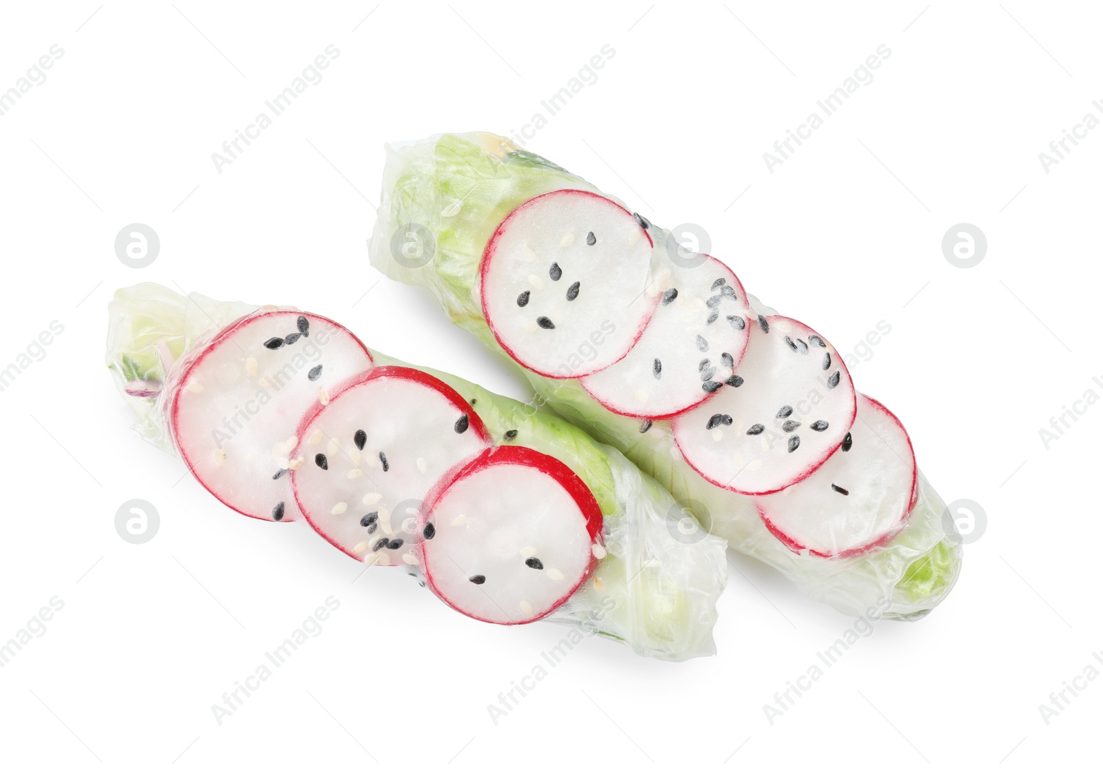 Photo of Delicious spring rolls wrapped in rice paper isolated on white, top view