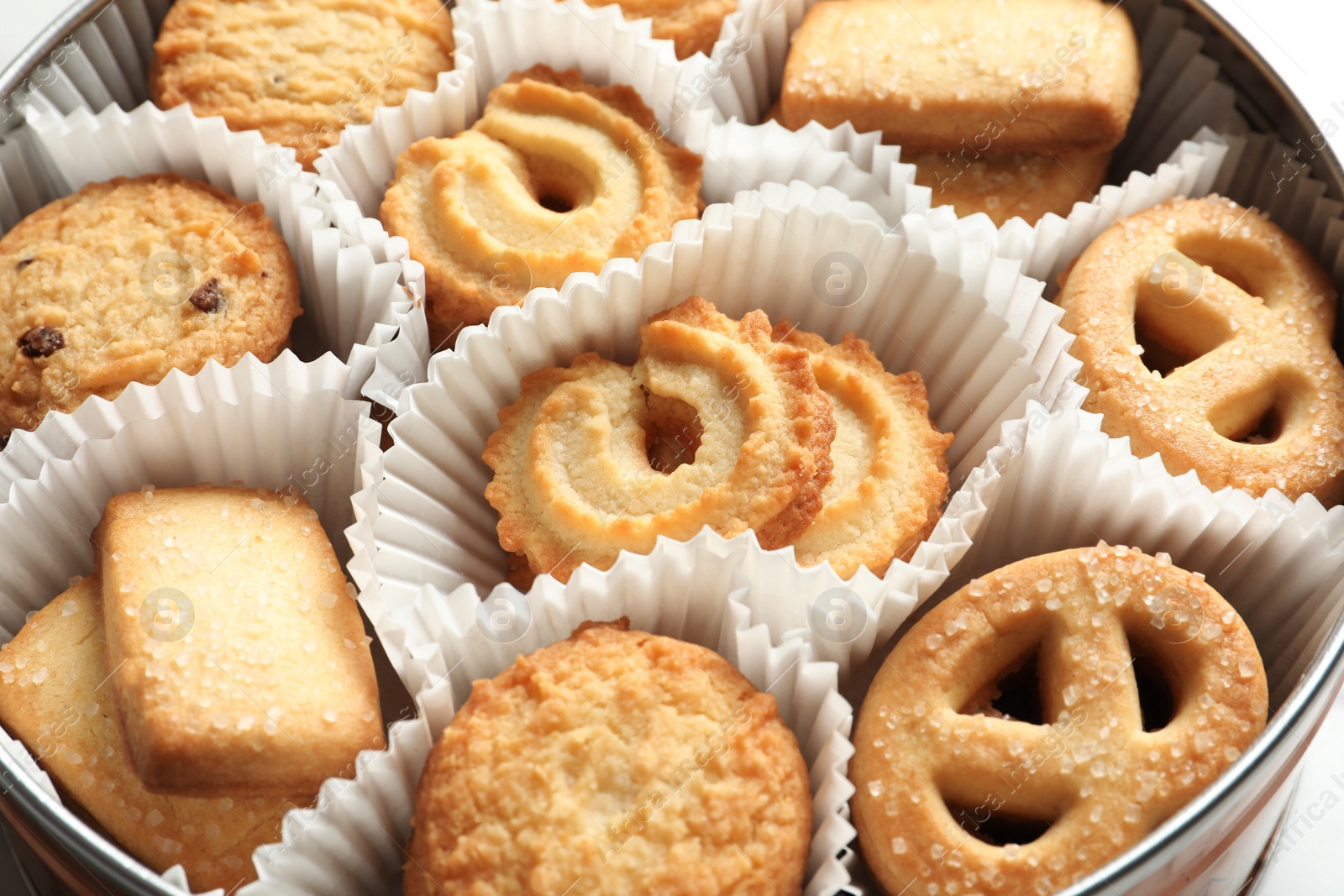 Photo of Tin box with Danish butter cookies, closeup