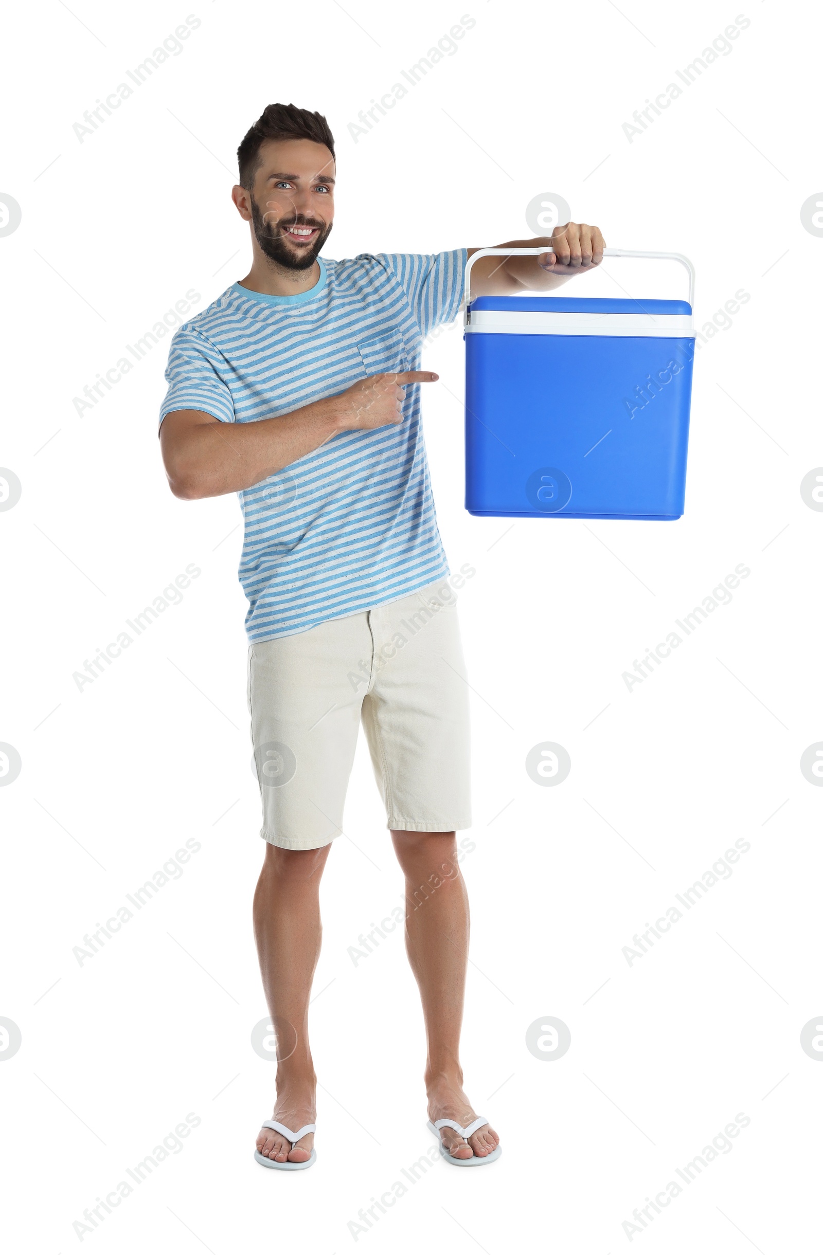 Photo of Happy man with cool box on white background