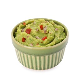 Photo of Bowl of delicious guacamole isolated on white